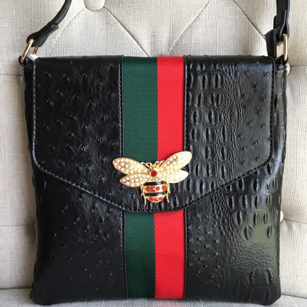 Crossbody Black Ostrich Print Black Purse Crossbody with Red New